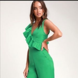 Lulu's Sure to be Seen Green Ruffled Jumpsuit